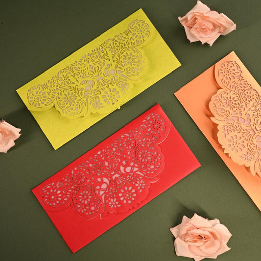 Red Green orange Sagun envelope with Parrot patterns cutting on Flap