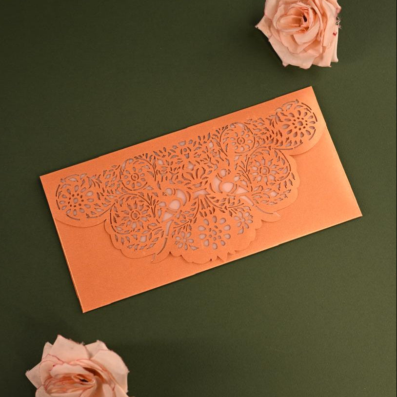 Orange Sagun envelope with Parrot patterns cutting on Flap