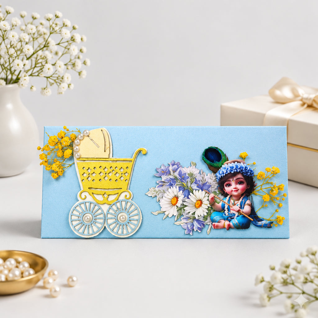 powder blue envelope showcasing a baby krishna, a pram and some flowers