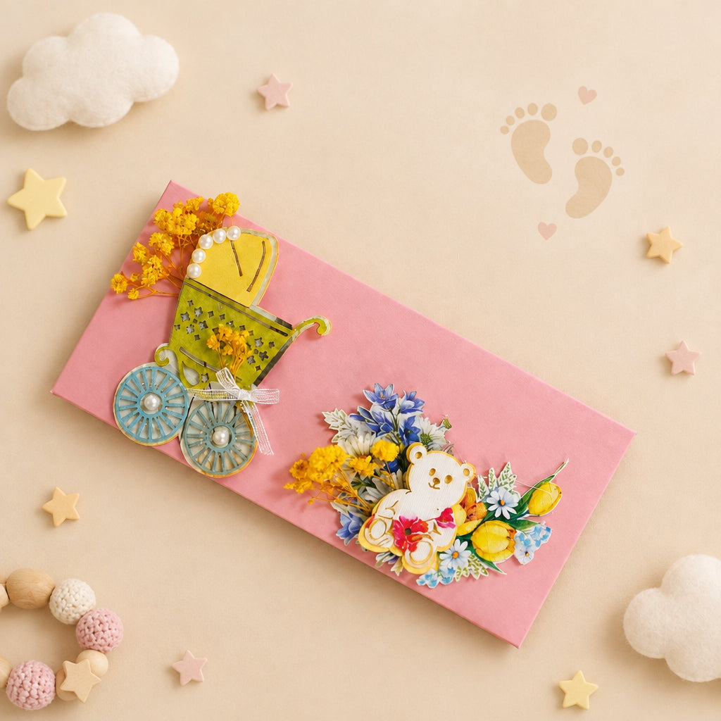Decorative envelope with baby-themed elements 