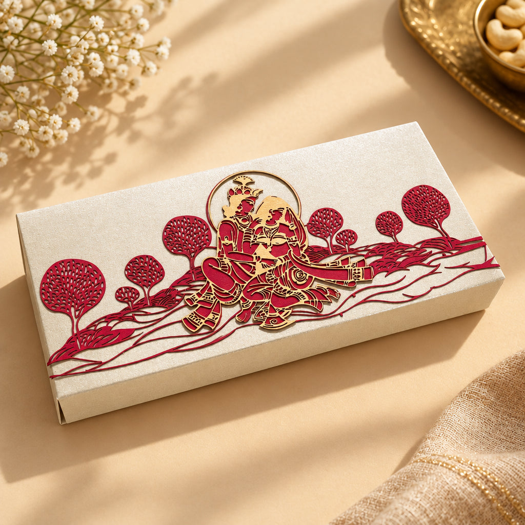 Radha krishna cash box, gaddi box with intricate red and gold design