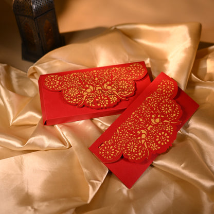 Red envelope with gold floral and bird patterns 