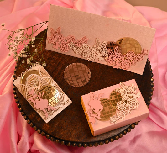 Envelope, coin pocket & coin box are Crafted through precision laser cutting on premium paper, featuring intricate acrylic disco ball motifs paired with delicate flower cutouts.