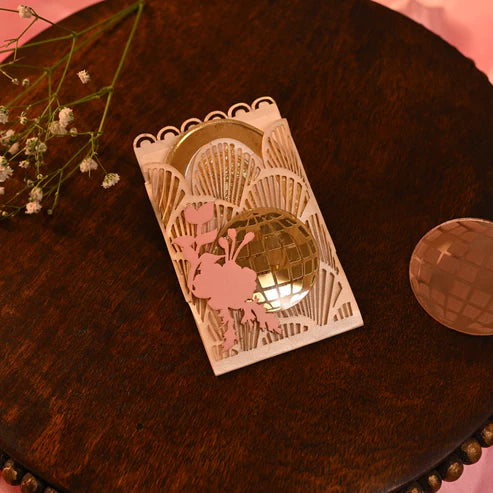 Coin pocket  are Crafted through precision laser cutting on premium paper, featuring intricate acrylic disco ball motifs paired with delicate flower cutouts.