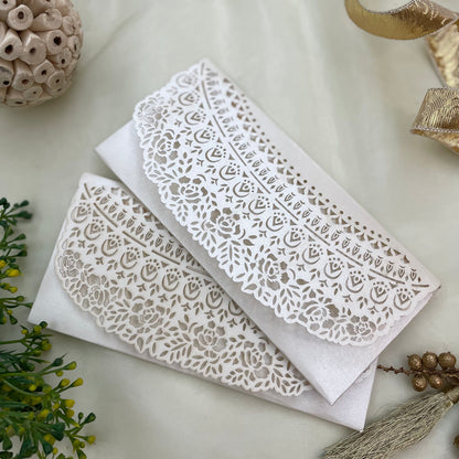 Rose Flap white laser-cut envelopes with intricate Rose pattern.