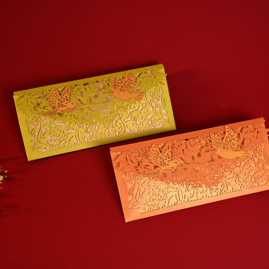 Sagun Envelope Orange Rust colour, with golden inner, and pair of birds on its flap