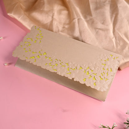 Silver grey envelope with floral cutout design & olive green inner