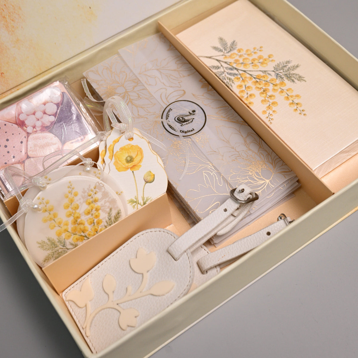 A luxury gift set in a cream-colored box, featuring a floral-patterned envelope, a matching leather luggage tag, Gift tag, and money envelope in a clear bag, all arranged neatly