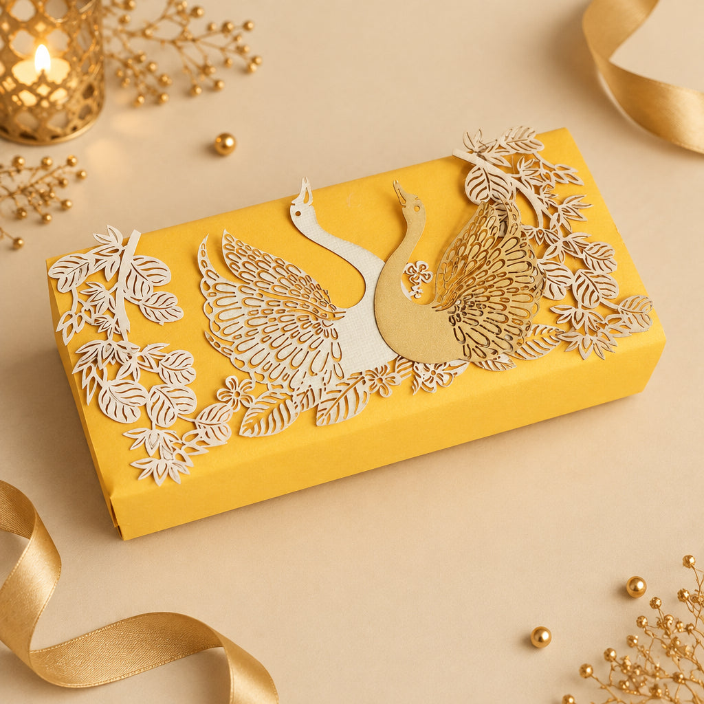Yellow cash box with gold and white bird design on a textured surface