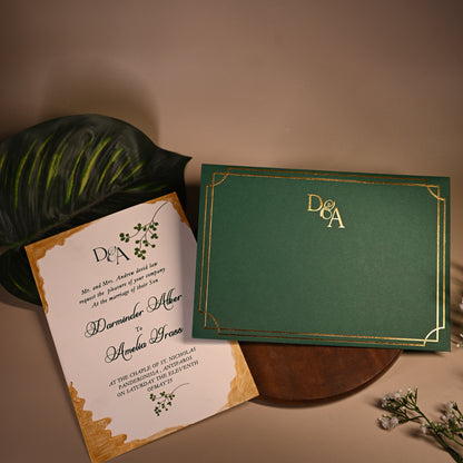 Green invitation card with gold embossing