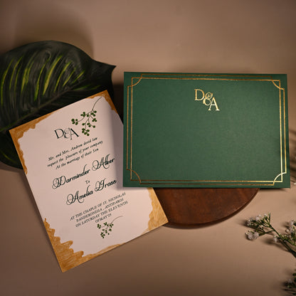 Green invitation card with gold embossing