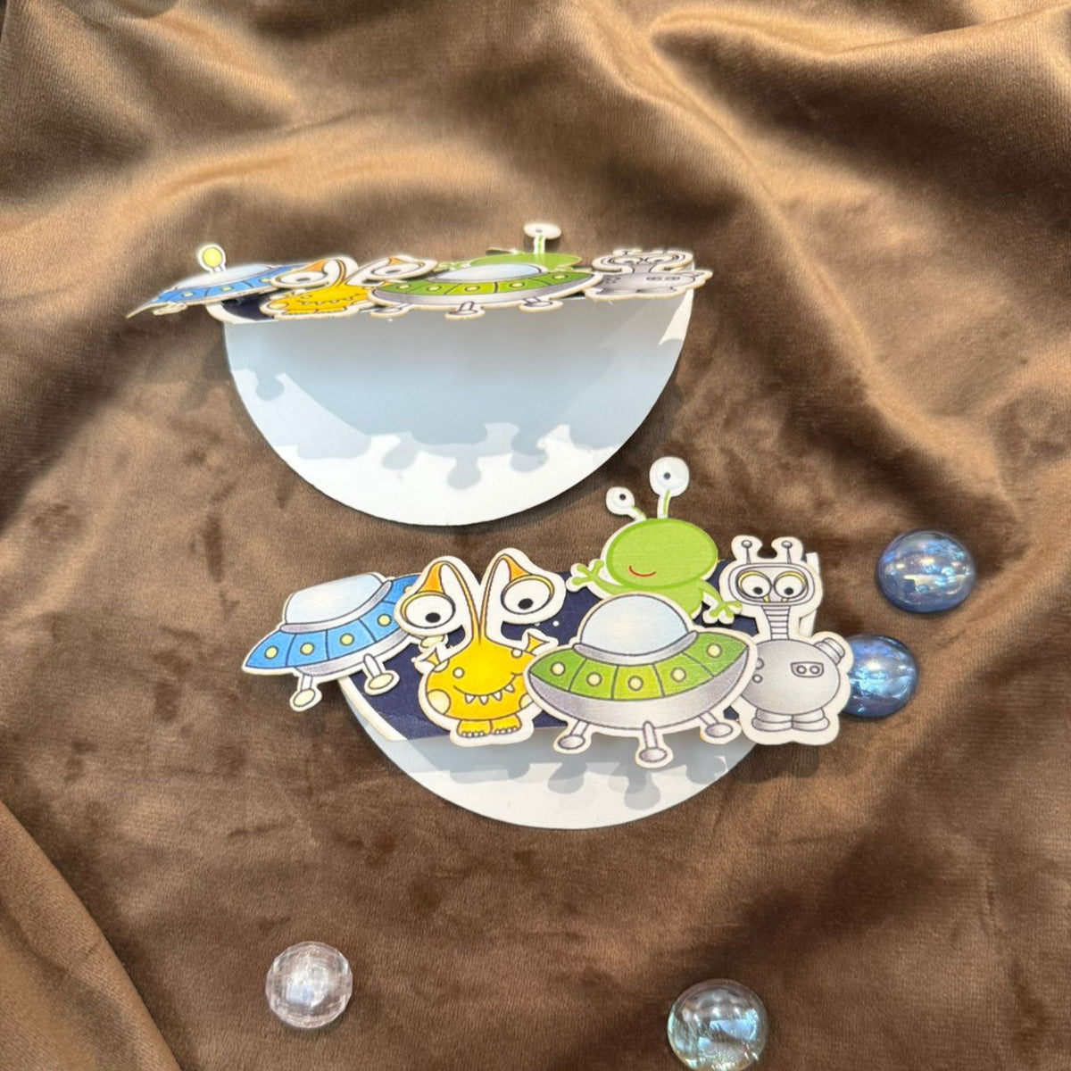 Cartoon alien characters on a white gift tag. Perfect to give along with your gifts to kids