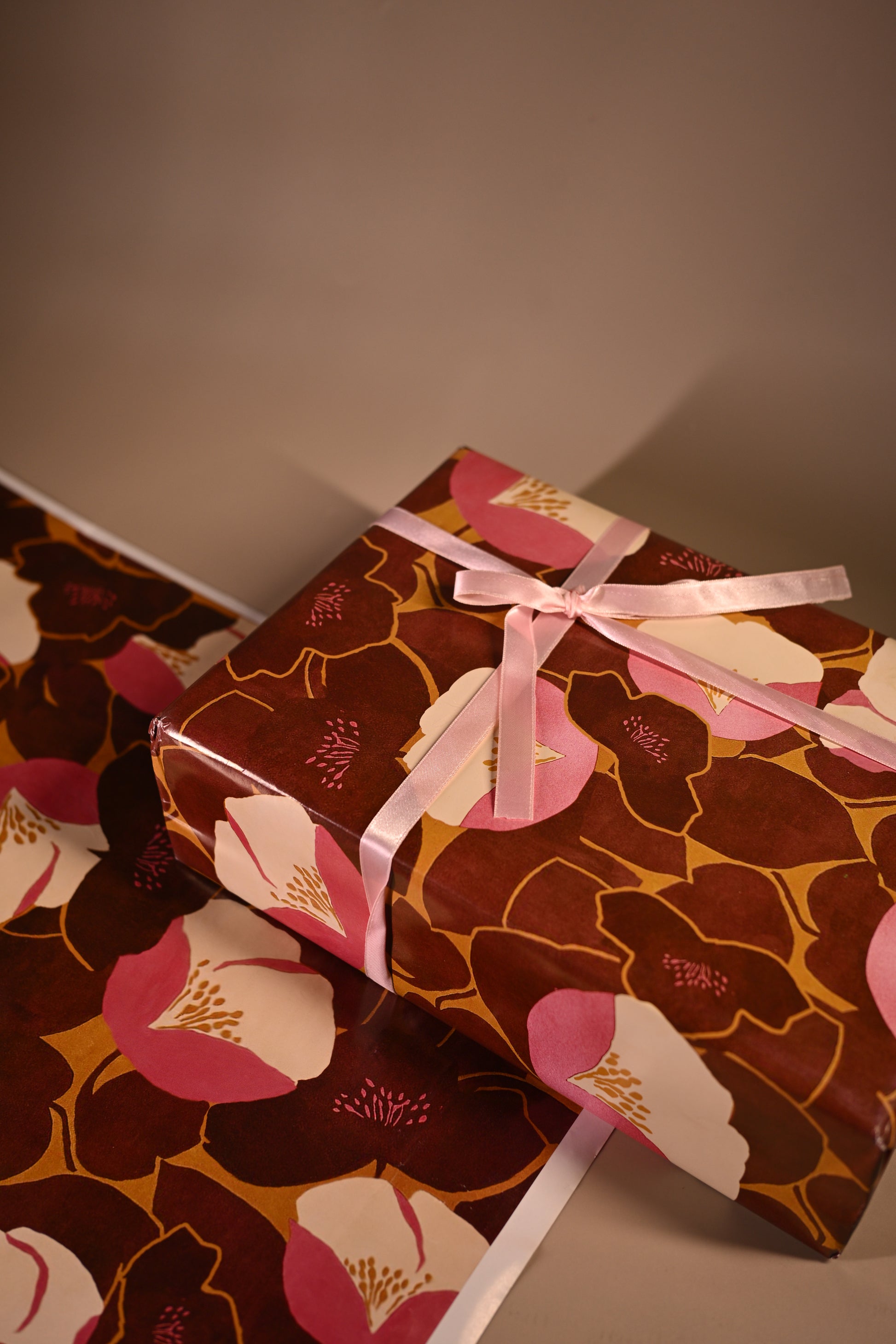 Brown gift wrapping paper with digitally printed floral design