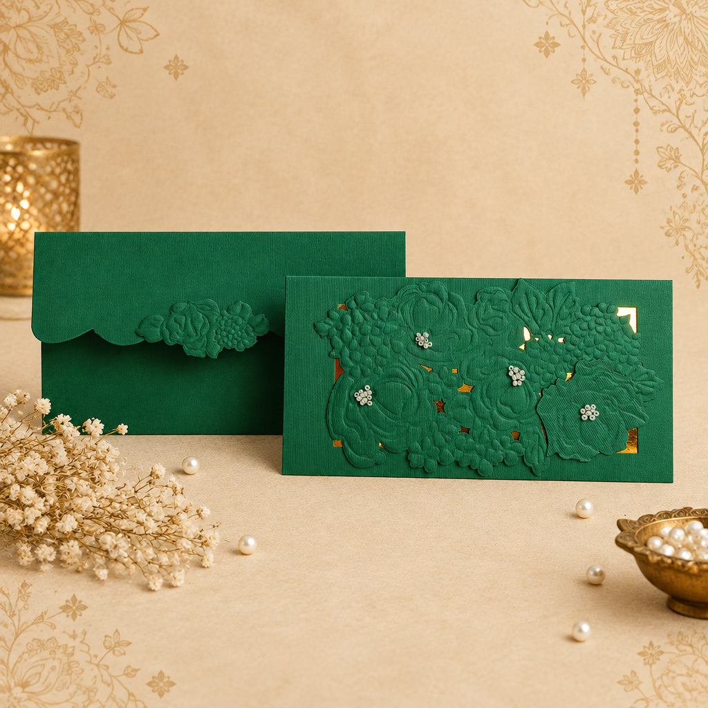 Green envelopes with a floral pattern embossed and gold accents on the envelopes, highlighted with few pearls