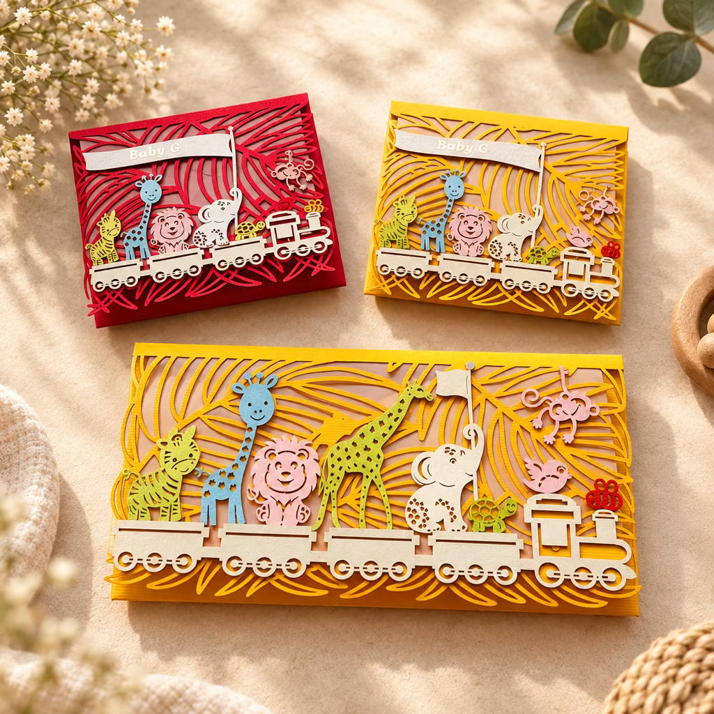 Three colorful laser-cut jungle train envelope with safari animal designs.