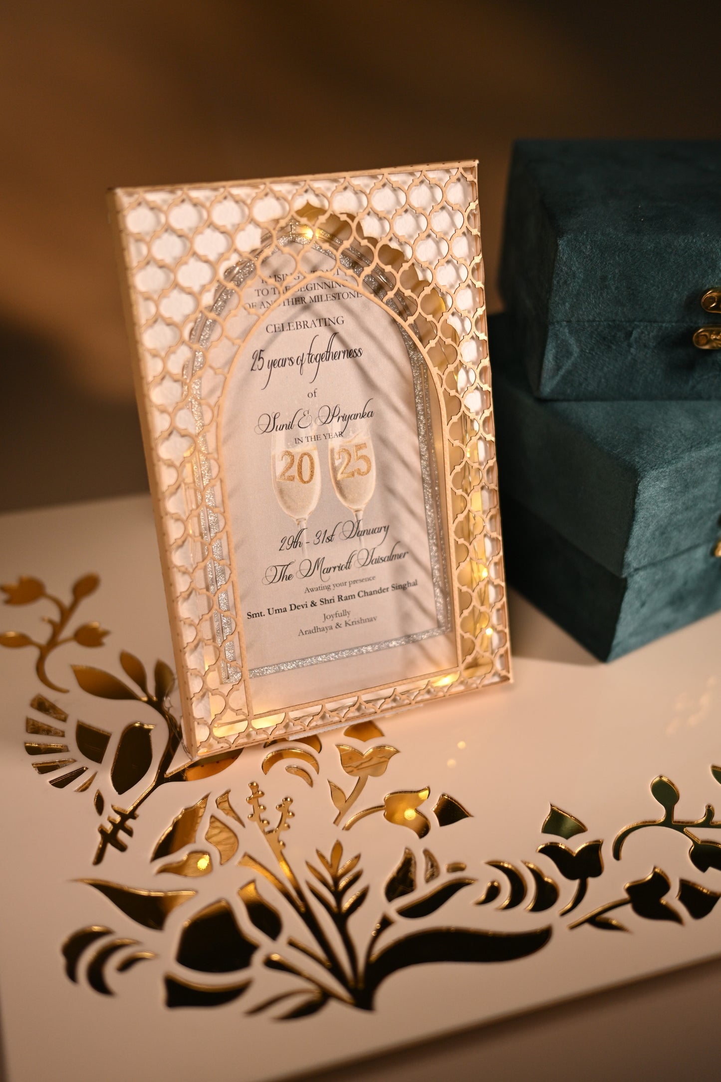 Decorative box with intricate design and a personalised celebratory card