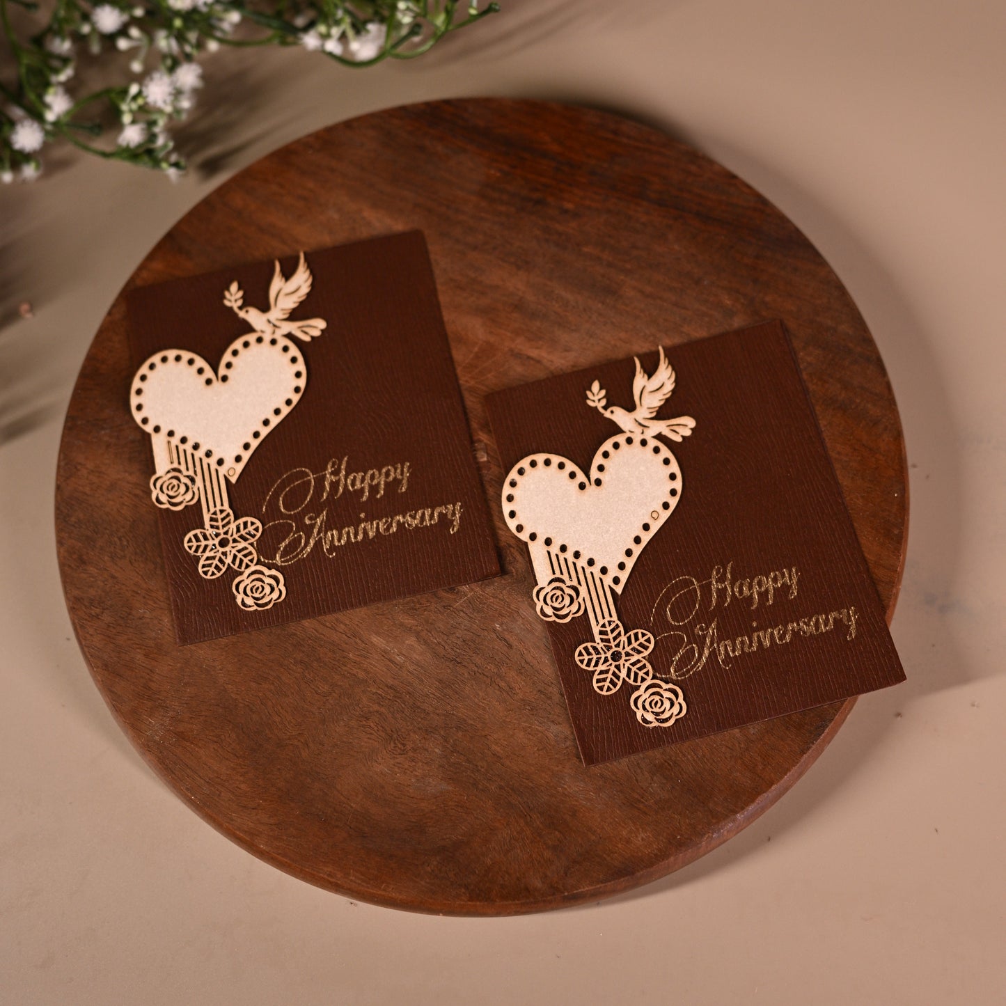 brown coloured anniversary gift tags with heart, birds and floral designs on it