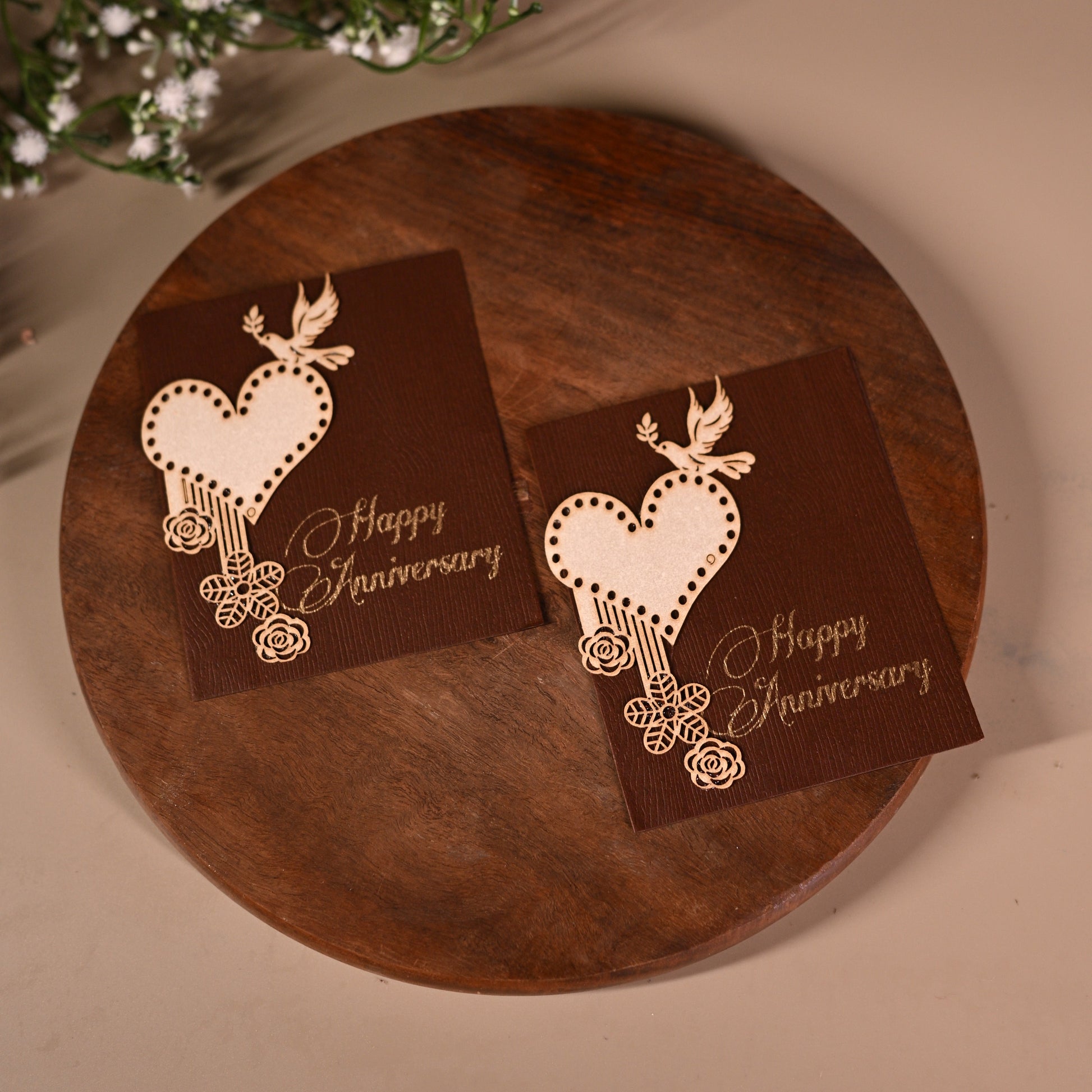 brown coloured anniversary gift tags with heart, birds and floral designs on it