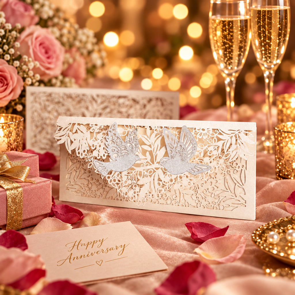 white colour envelope with full laser-cut box and floral detailing and two birds on the flap