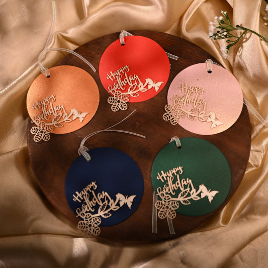 Set of colorful circular  gift tags with decorative birthday wish