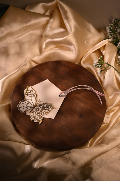 gold fol embossed butterfly ift tags on a white pentagon base