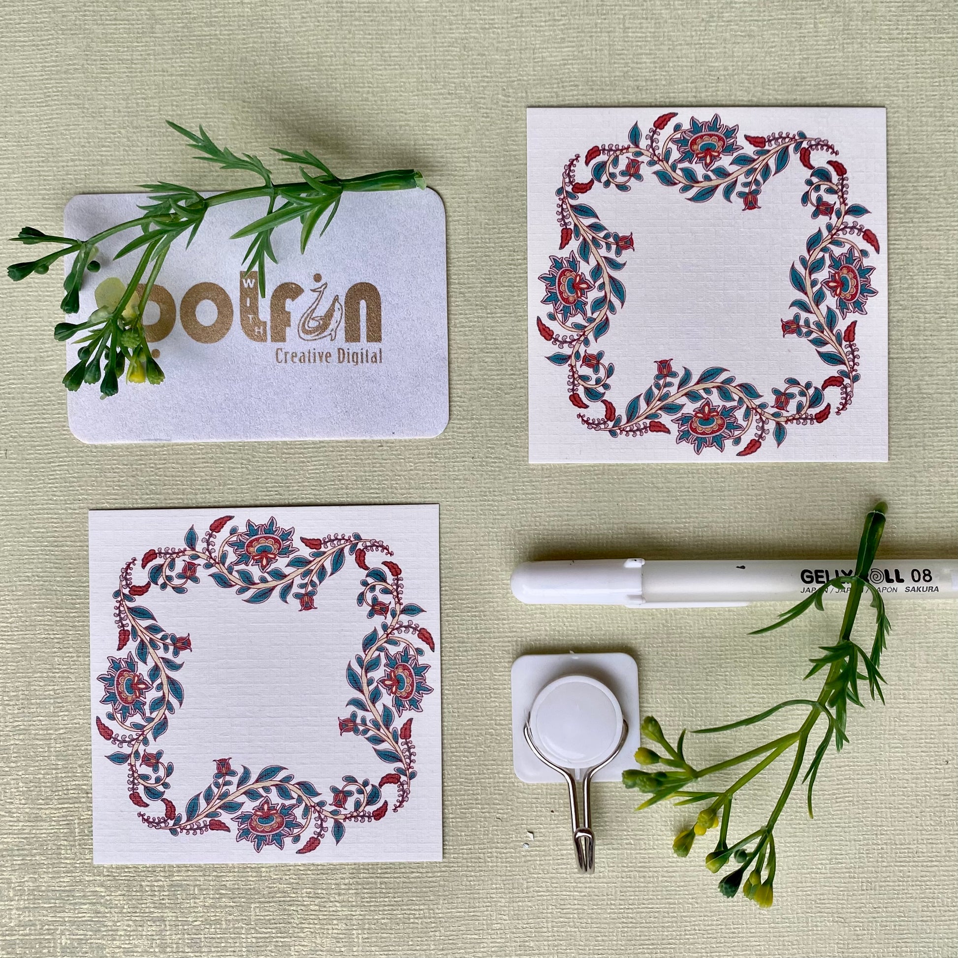 printed gift tags with floral borders and a blank space in the center for writing personalised messages