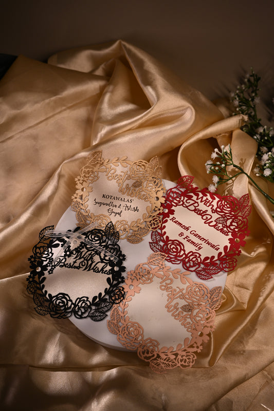 Gift tags with laser cut patchwork and floral design