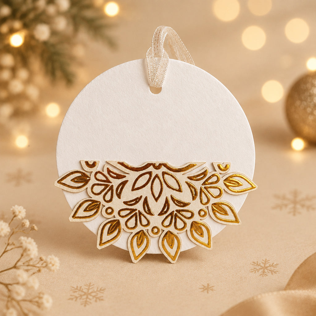 A half round gift tag with a golden foil embossing in a half-sun pattern design, attached to a white circular base with a ribbon.