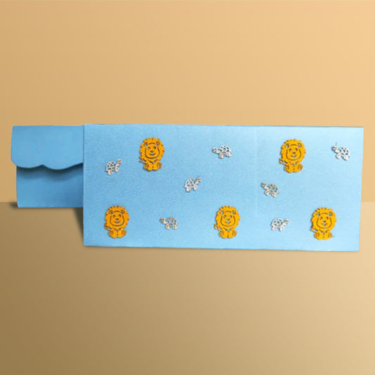 yellow lion illustrations and turtle cutouts on blue texture paper envelope