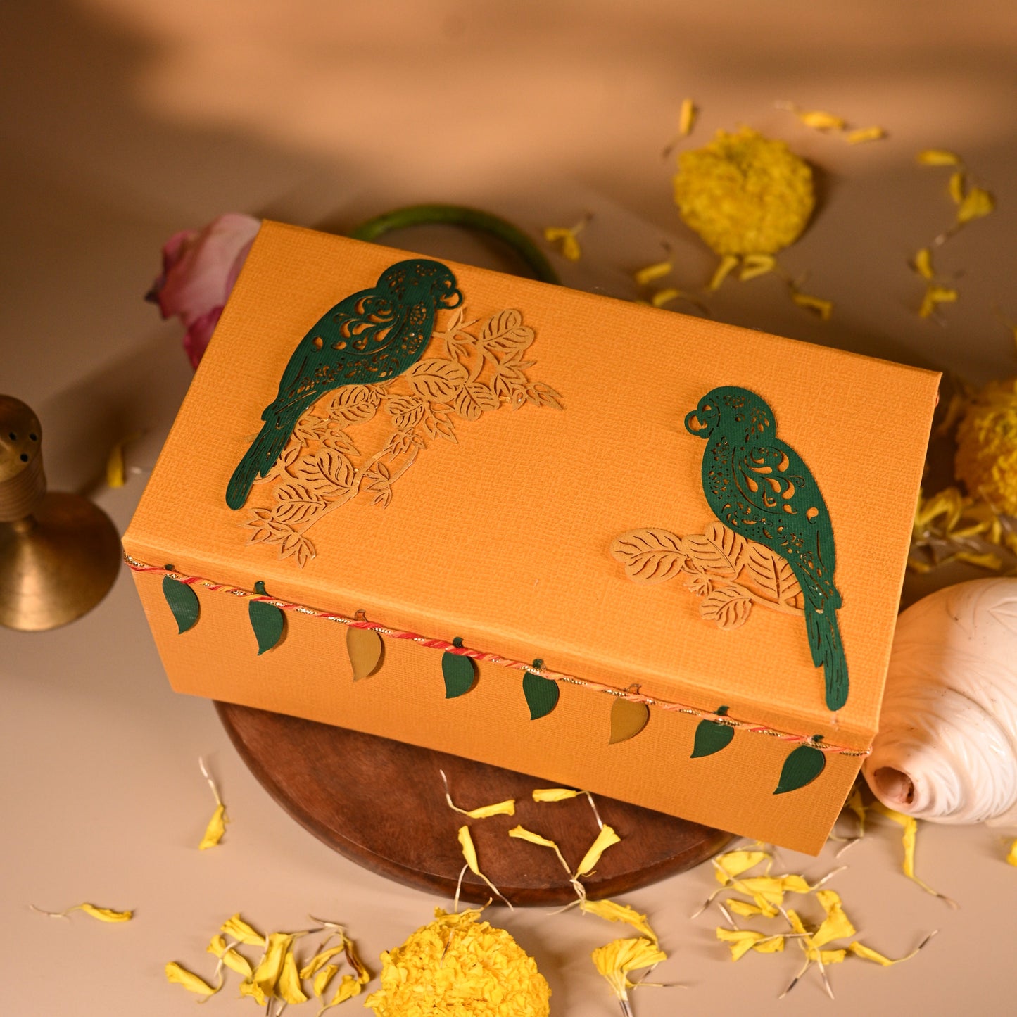 Nature ensemble box with yellow background and parrot design