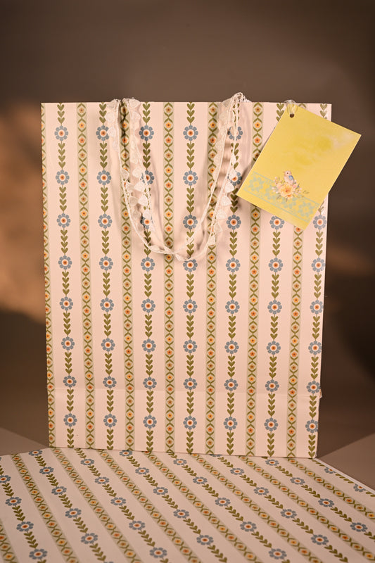 Packaged product with decorative tags on a striped background