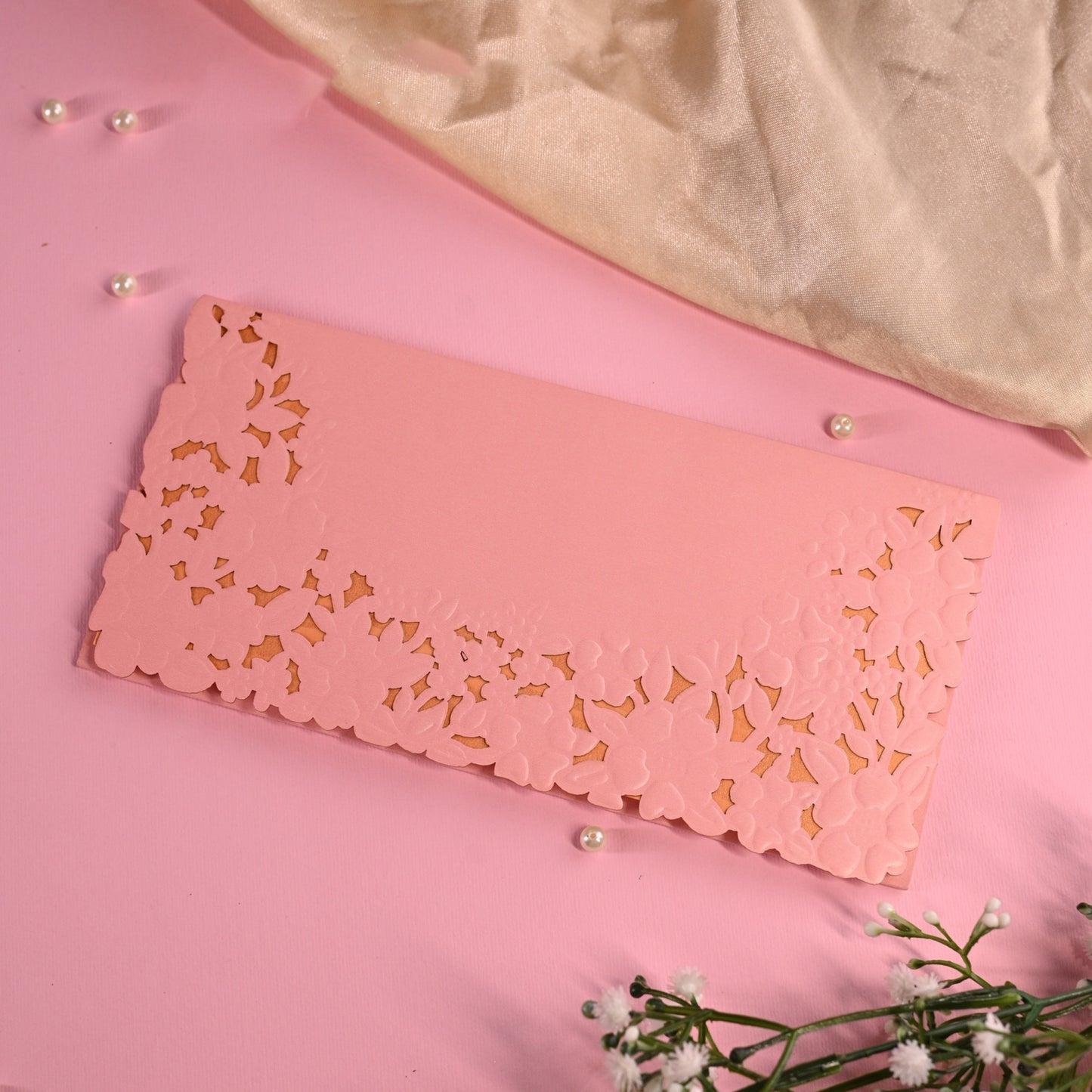 Pink Envelope with emboss & cut-out patterns with rust inner