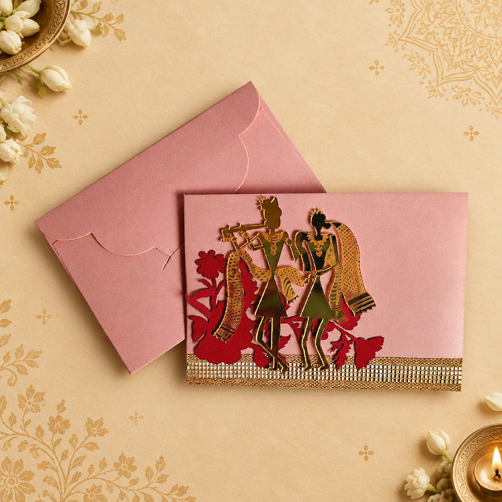Decorative envelope with acrylic Radha Krishana design on pink envelope