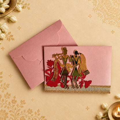Decorative envelope with acrylic Radha Krishana design on pink envelope