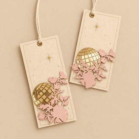 brown gift tags with laser-cut detailing, featuring floral designs and an acrylic disco ball