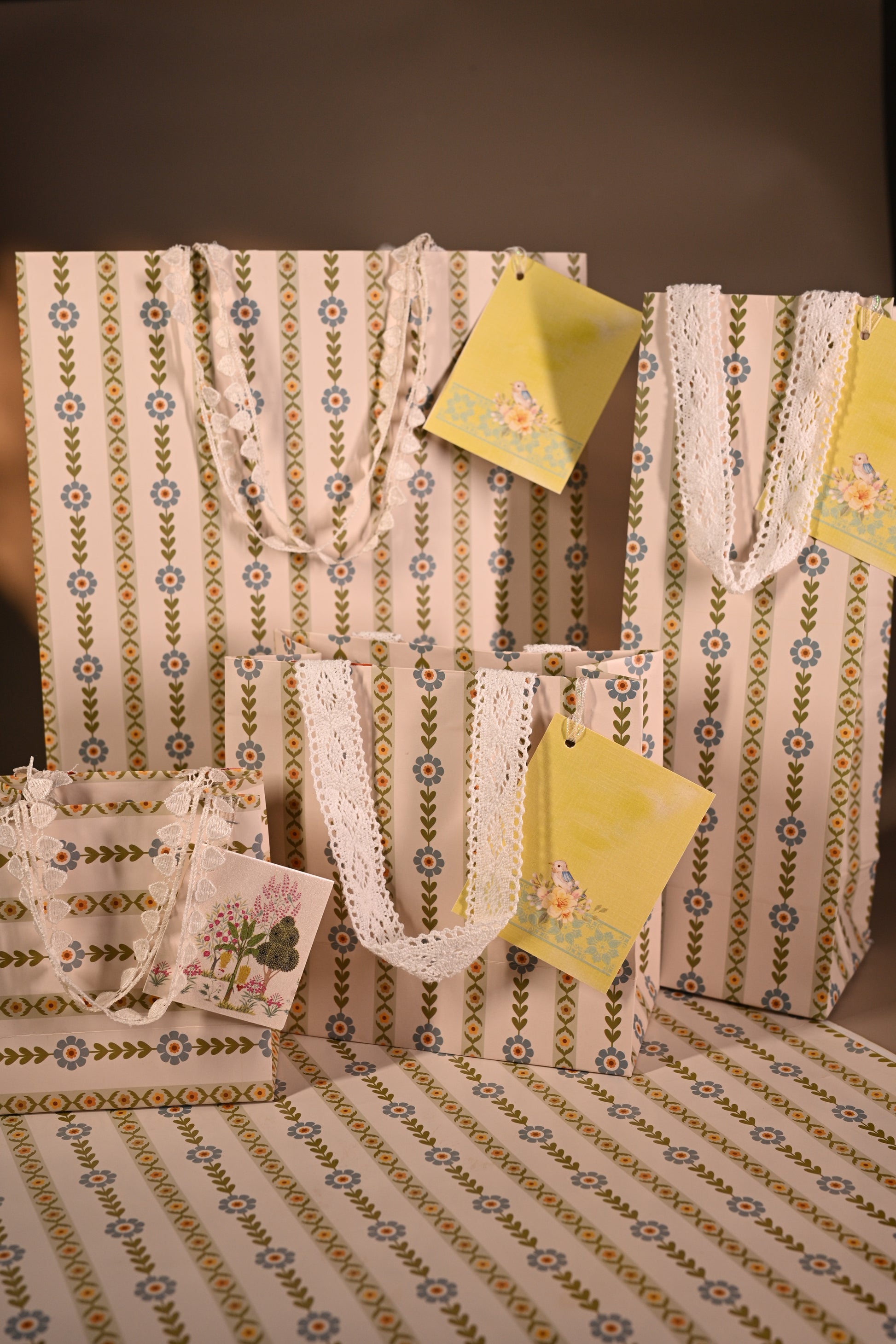 Packaged product with decorative tags on a striped background