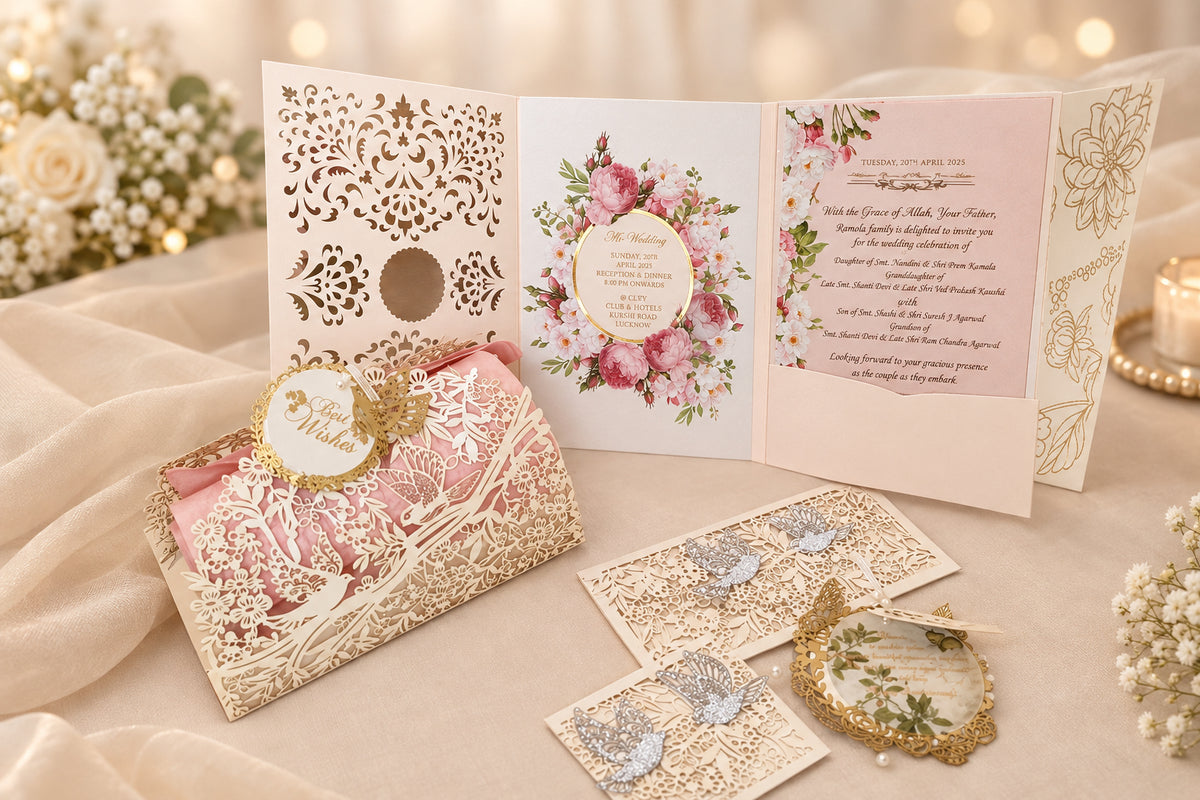 A set of elegantly designed laser-cut paper items with a bird and floral theme, including wedding cards, invitations, and cash boxes