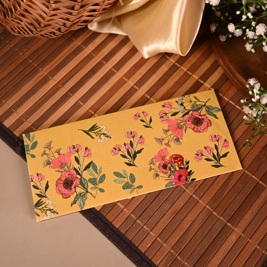 printed pink floral pattern on a yellow background